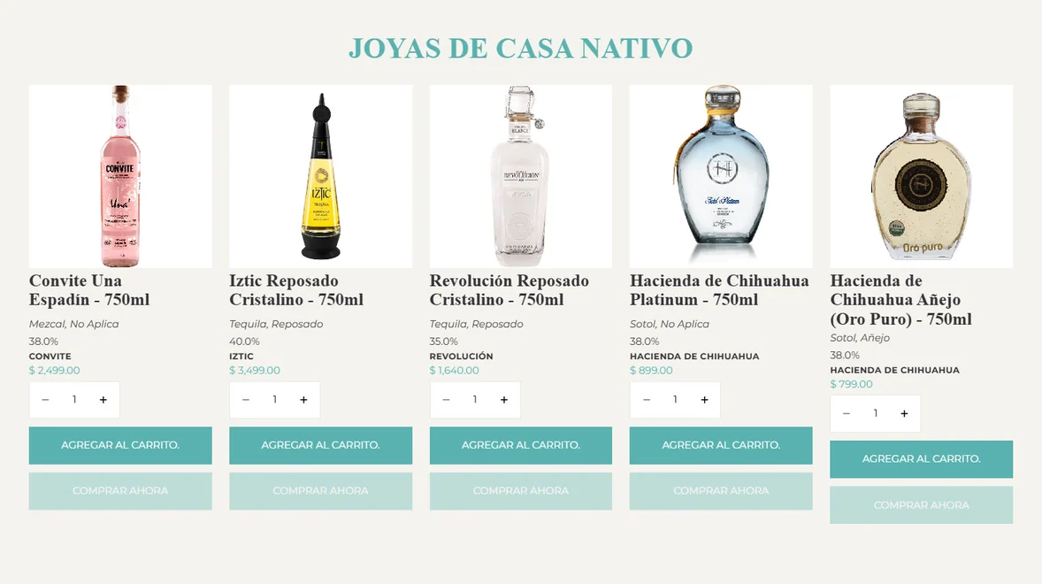 Tienda de Casa Nativo: tequilas y mezcales con botón de agregar al carrito
